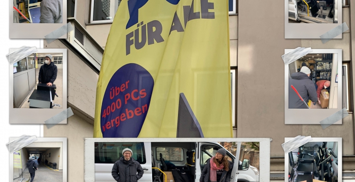 Collage mit Bildern von der Abholung der PCs von PCs für alle © Jugend am Werk