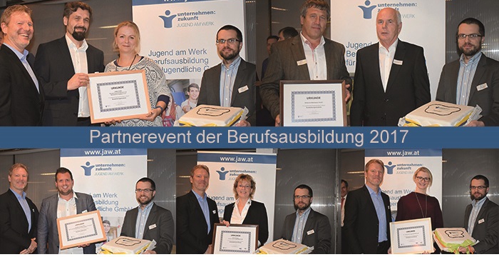 Im Uhrzeigersinn von links oben die ausgezeichneten Betriebe: VAMED-KMB, Nikitscher Metallwaren, A.T.U Auto-Teile-Unger GmbH & Co KG, Gebrüder Haas Metallbau GmbH und MA48 © Jugend am Werk