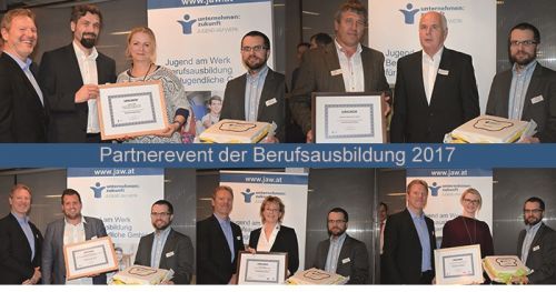 Im Uhrzeigersinn von links oben die ausgezeichneten Betriebe: VAMED-KMB, Nikitscher Metallwaren, A.T.U Auto-Teile-Unger GmbH & Co KG, Gebrüder Haas Metallbau GmbH und MA48 © Jugend am Werk