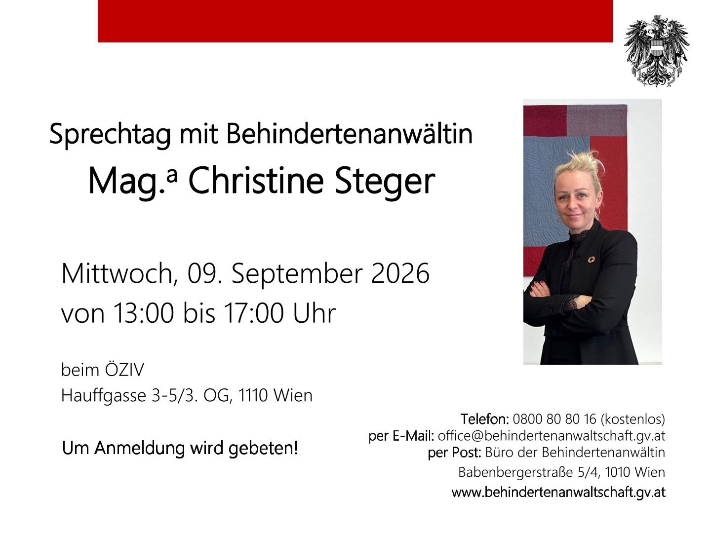 Sprechtag mit Behindertenanwältin © Mag.ª Christine Steger Sprechtag mit Behindertenanwältin © Mag.ª Christine Steger