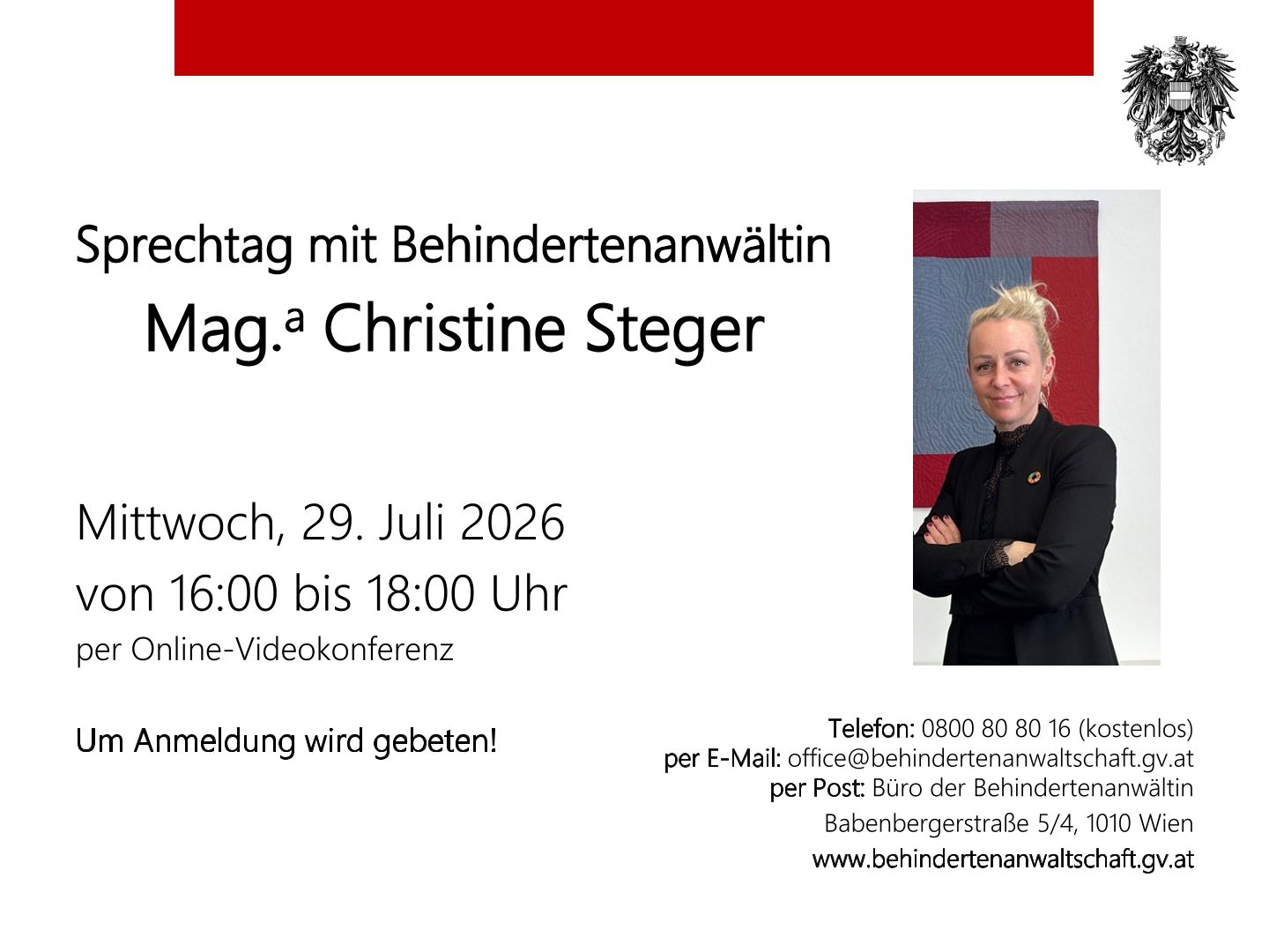 Online-Sprechtag mit Behindertenanwältin Mag.a Christine Steger © Mag.a Christine Steger Online-Sprechtag mit Behindertenanwältin Mag.a Christine Steger © Mag.a Christine Steger
