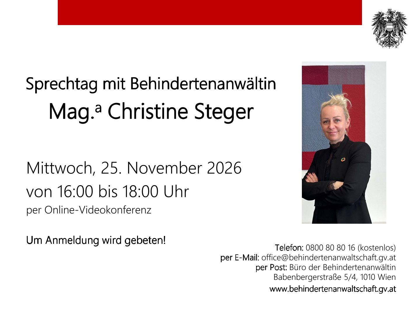 Sprechtag mit Behindertenanwältin Mag.a Christine Steger © Mag.a Christine Steger Sprechtag mit Behindertenanwältin Mag.a Christine Steger © Mag.a Christine Steger