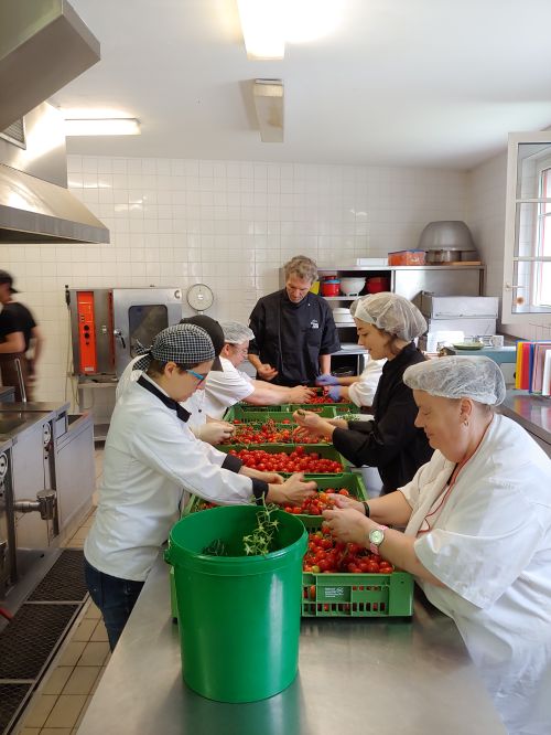 Blick auf die Gastrogruppe beim Einkochen der Paradeiser © Jugend am Werk